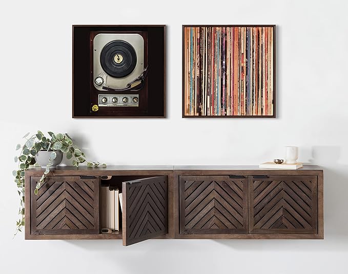 Kate and Laurel Sylvie 33 RPM Framed Canvas Wall Art by Robert Cadloff of Bomobob; 22x22 Brown; Decorative Music Art for Wall