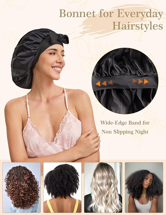 Silk Satin Bonnet Hair Wrap for Sleeping Women, Adjustable Tie Band Double Layer Sleep Night Head Cover for Curly Braid Fine