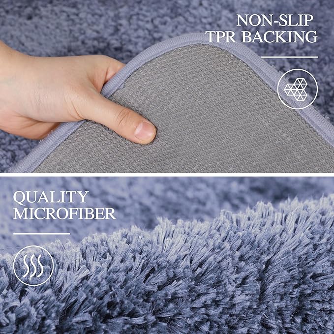 Walensee Non Slip Bath Mat (16 x 24, Blue) - Soft Microfiber Shaggy, Water Absorbent, Machine Washable, Thick Plush Shower Rug