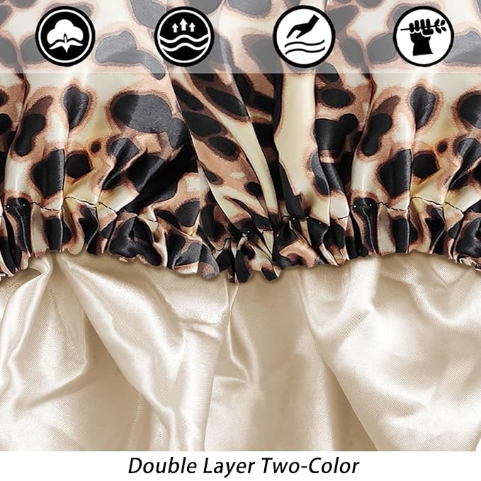 Satin Bonnet Silk Bonnet Hair Bonnet for Sleeping-Slouchy Beanie Hat Satin Sleep Cap for Women's Natural & Curly Hair(Black&Leopard)