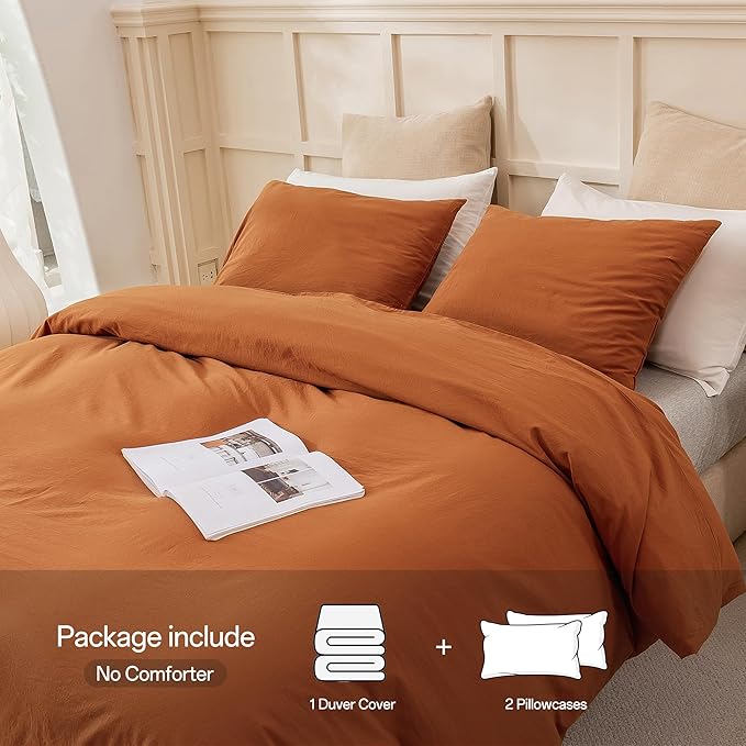 ECOCOTT Brown Duvet Cover King Size, 3 Piece 100% Washed Cotton 1 Duvet Cover with Zipper and 2 Pillowcases, Ultra Soft and Easy Care Breathable Cozy Bedding Set (Brown,King)