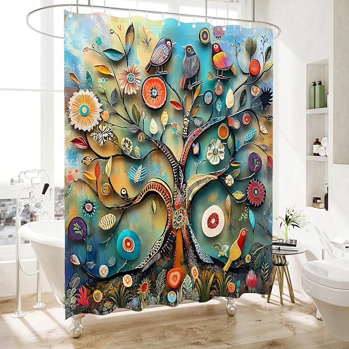 Bohemian Bathroom Curtain Colorful Boho Floral Print Beautiful Bright Polyester Fabric Cloth Shower Curtain for Bathroom Decoration, 72"x72"
