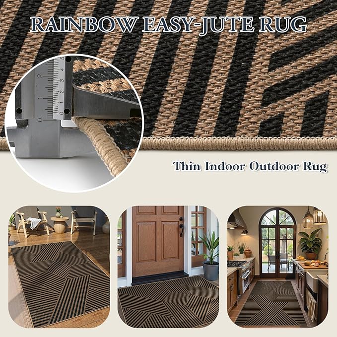 Lahome Modern Geometric Outdoor Easy Jute Rug, 3x5 Indoor Outdoor Rugs for Living Room Black Entryway Carpet, Farmhouse Washable Non Slip Carpet for Patio Courtyard Bedroom