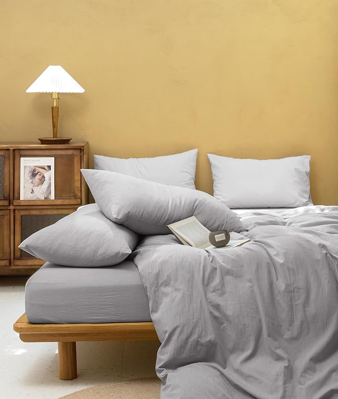 FOSSA Duvet Cover Set 100% Washed Cotton Linen Feel Super Soft Breathable Cozy 3 Pieces Bedding Sets Solid Grayish King
