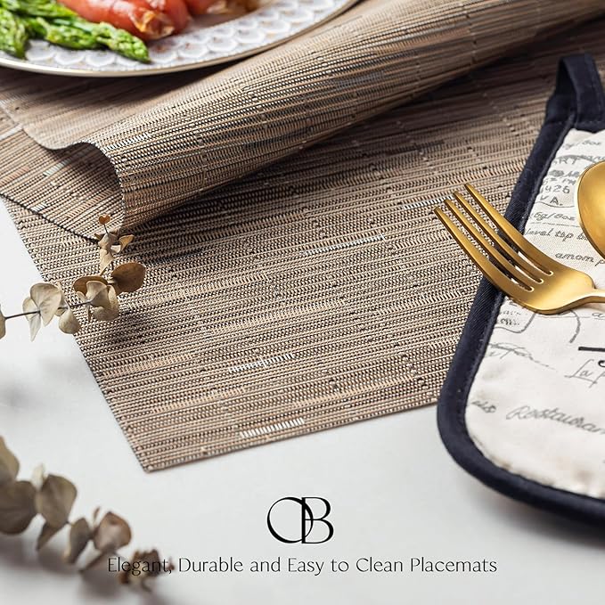 Placemats Set of 12 - Easy Clean Woven Vinyl Placemats for Dining Table, Indoor/Outdoor Place Mats, Washable PVC Table Mats （Light Brown）