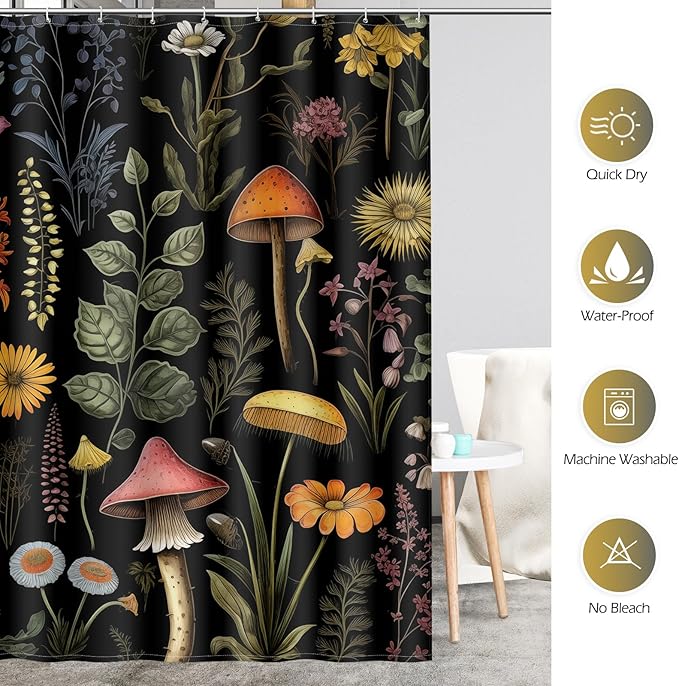 Aimego Long Mushroom Shower Curtain - Boho Floral Vintage Plants Flowers Retro Bohemian Botanical Nature Bath Shower Curtain Set with 12 Hooks for Bathroom Decor Bathtub Curtain, 72"x78" Black