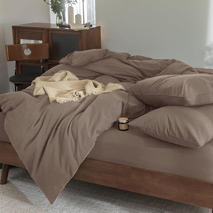 FOSSA Duvet Cover Set 100% Washed Cotton Linen Feel Super Soft Breathable Cozy 3 Pieces Bedding Sets Solid Pale Brown Oversized King Plus