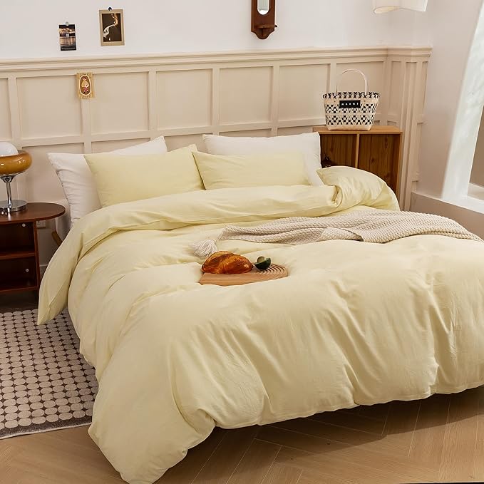 ECOCOTT Duvet Cover Set, 100% Washed Cotton Linen-Like Textured Soft & Breathable, Durable Comfy Bedding Set for All Seasons (Light Yellow, Queen)