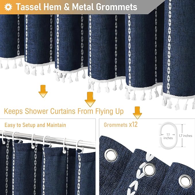 BTTN 78 Inch Long Shower Curtain - Boho Farmhouse Linen Thick Striped Fabric Shower Curtain Set with Plastic Hooks, Tall Rustic Country Luxury Cloth Shower Curtains for Bathroom - Navy Blue - 72x78