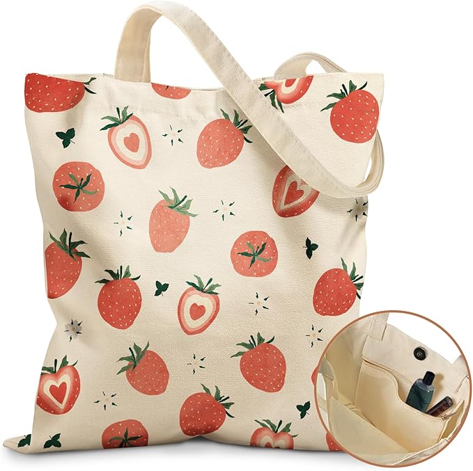 Aesthetic Tote Bag for Girls - with Magnetic Buckle and Zipper Inner Pocket for Women Lady Canvas Cotton Tote Bag