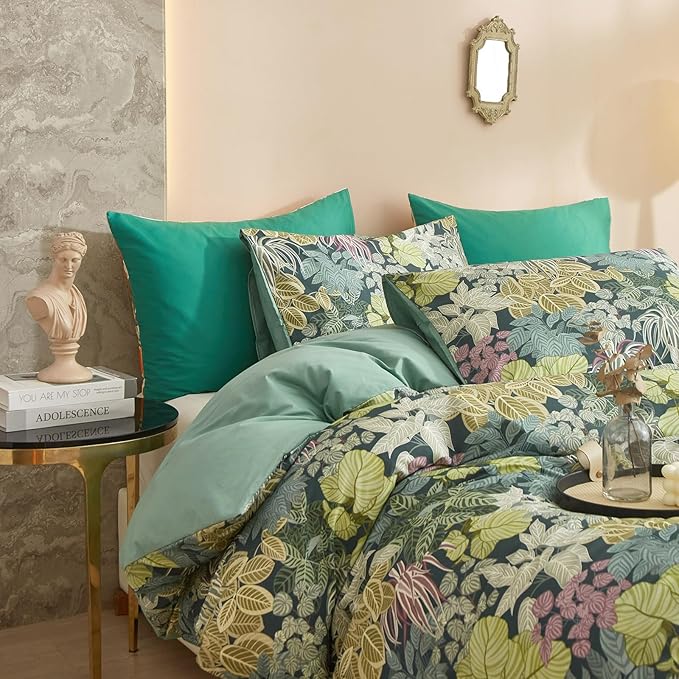 mixinni Tropical Multicolored Leaves Print Duvet Cover 2 Pillowcases Botanical King Size Floral Duvet Cover Set Soft Cotton Bedding Set for Her and Him-Easy Care, Soft and Durable-King Size
