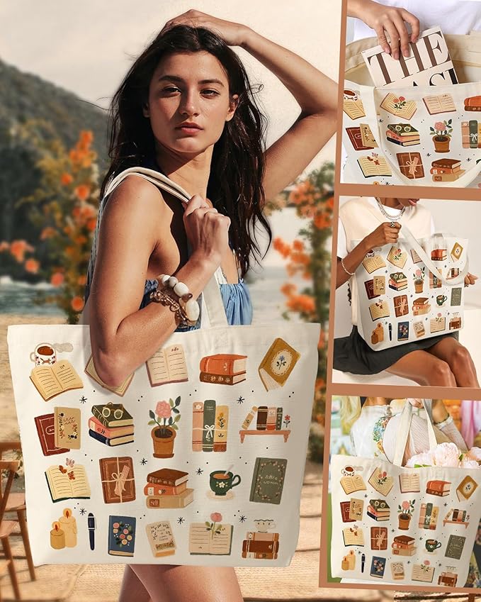 Large Tote Bag for Women - Canvas Tote Bag with Zipper Aesthetic Reusable Shoulder Bag for Gym, Travel, Work