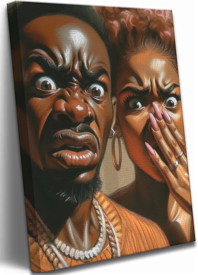 JASMIE Funny African American Bathroom Canvas Wall Art Humor Afrocentric Black Couple Unpleasant Smell Cover Nose Painting Pictures Wall Decor Print Artwork for Washroom Toilet Home Decoration