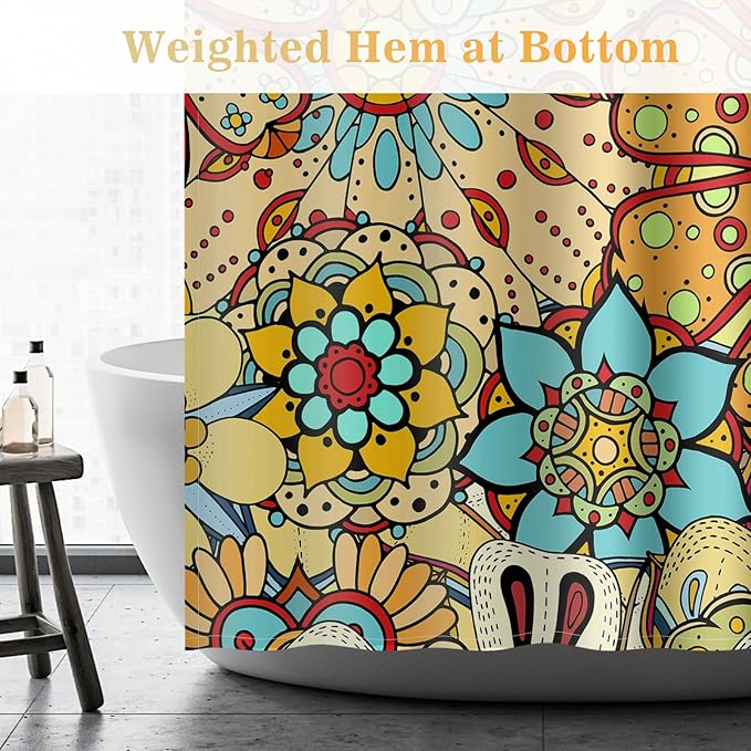 Aimego Long Boho Shower Curtain - Chic Floral Bohemian Mandala Gypsy Flowers Fabric Cloth Shower Curtain Set with 12 Hooks for Adults Bathroom Decor Accessories Bathtub Curtain, 72"x78"
