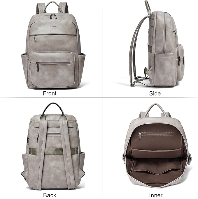 Leather Laptop Backpack for Women 15.6 Inch Laptop Travel Backpack Purse Casual Daypack with Laptop Compartment for College Work Nurse Business Weekender, Grey