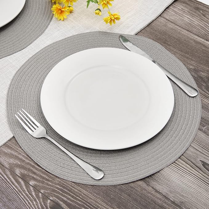 SHACOS Round Braided Placemats Set of 6 Thick Fabric Circle Grey Place Mats Woven Table Mats for Dining Tables 15 inch (Gray, 6)