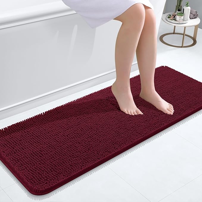 OLANLY Bathroom Rugs 47x17, Extra Soft Absorbent Chenille Bath Rugs, Rubber Backing Quick Dry, Machine Washable Bath Mats for Bathroom Floor, Tub and Shower, Home Decor Accessories, Burgundy