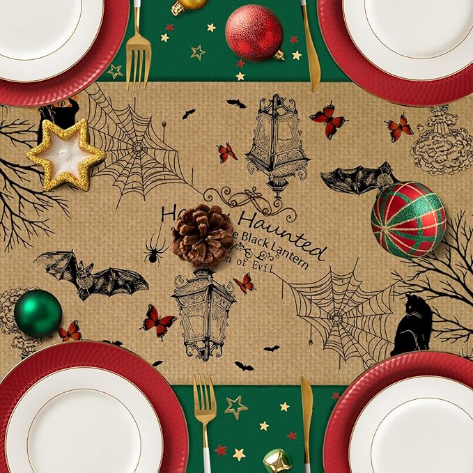 Halloween Haunted Burlap Table Runner Seasonal Spring Fall Kitchen Dining Linen Table Decoration for Indoor Outdoor Home Party Dinner 13x72 Inch