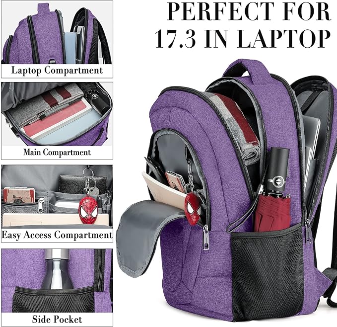 BIKROD Backpack for Women and Men, Extra Large School Backpacks for Teens, Water Resistant Back Pack with USB Charging Port Fits 17 Inch Laptop, Business Anti Theft Sturdy Computer Bag Gifts, Purple