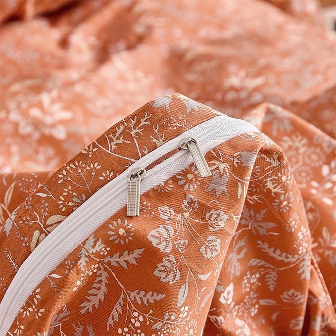 mixinni 3 Pieces Duvet Covers Full Size, 100% Cotton Comforter Cover Wildflower Printed on Pumpkin Floral Bedding Set with Zipper Closure 4 Ties (1 Duvet Cover 80"x90", 2 Pillow Cases 20"x26")