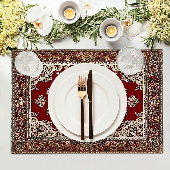Giwawa 12"x18" Ethnic Boho Placemats Set of 4 Antique Tribal Rustic Red Floral Table Mats Farmhouse Carpet Stain Resistant Washable Linen Place Mat for Kitchen Dining Picnic Party Decor