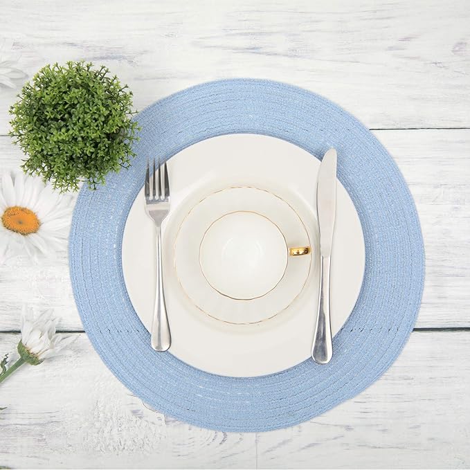 SHACOS Round Braided Placemats Set of 6 Round Table Mats for Dining Tables 15 inch (Light Blue, 6)