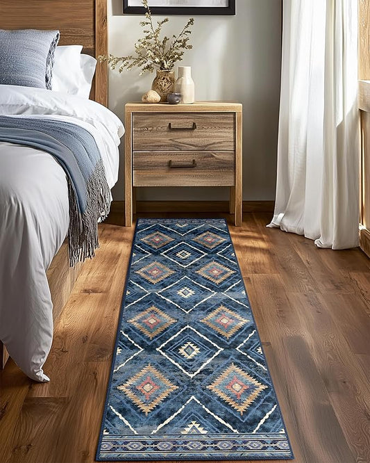Area Rug 2x8 Rug Machine Washable Non-Slip Low Pile Print Pattern Western Rug for Living Room Bedroom Entryway Tribal Series -Darkblue