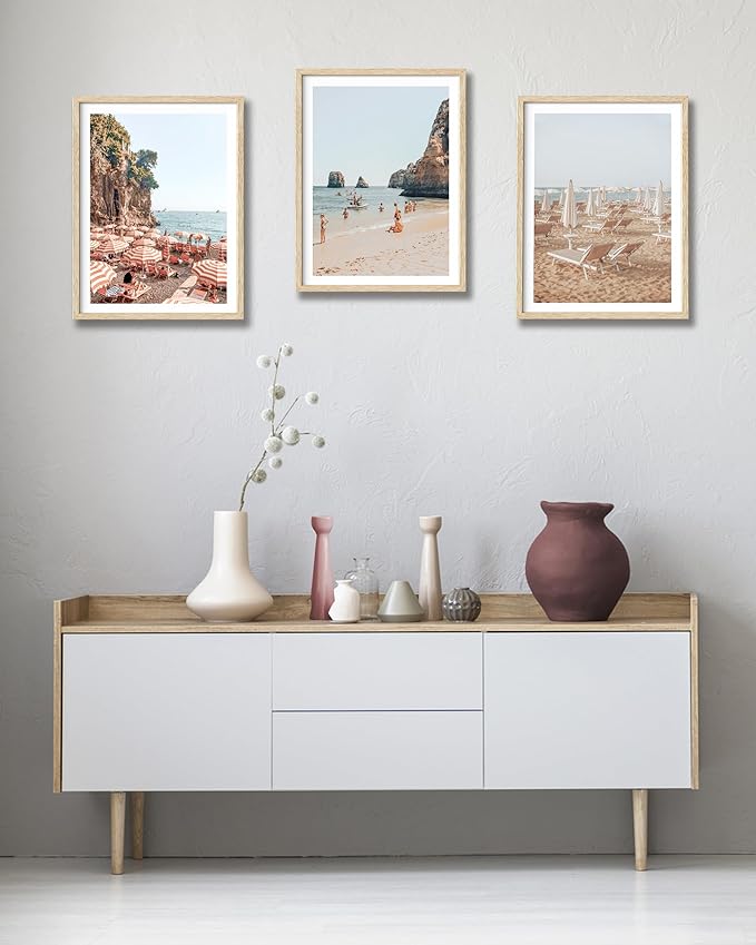 HesenDot Natural OAK Wood Framed Italy Beach Wall Art,12x16in Amalfi Coast Canvas Wall Print,Positano Seascape White Beach Chair Wall Decor for Living Room, Bedroom,Office Gallery Set of 1