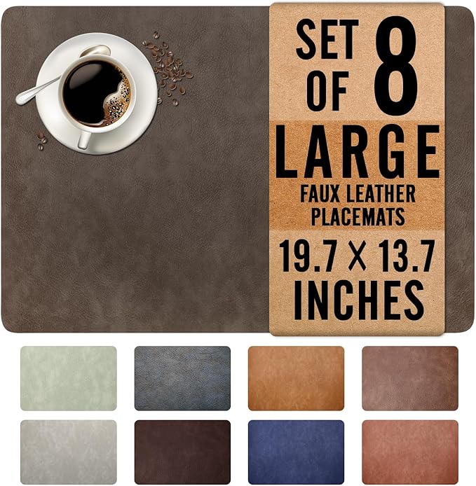 UnivoColors Washed Cowhide Pattern Faux Leather Big Size Placemats Set of 8, Waterproof Easy to Clean Anti-Slip PU Table Mats for Party Decoration19.7″×13.6″,Black Brown Retro Cowhide Pattern