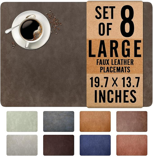 UnivoColors Washed Cowhide Pattern Faux Leather Big Size Placemats Set of 8, Waterproof Easy to Clean Anti-Slip PU Table Mats for Party Decoration19.7″×13.6″,Black Brown Retro Cowhide Pattern