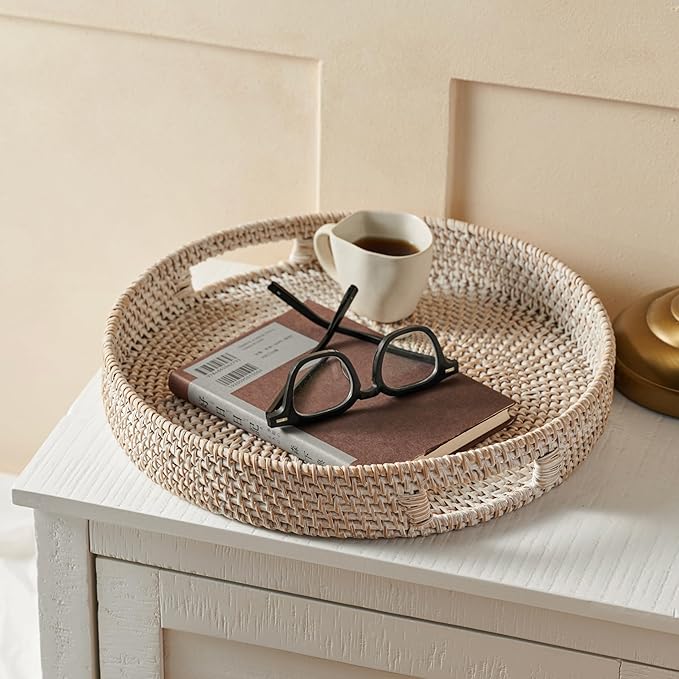JUNGLE CULTURE Large Rattan Serving Tray 14" in Whitewash • Round Table Basket • Wicker Ottoman Trays with Handles for Coffee Table, Bed Side or Couch • Flat Circle Woven Tray • Boho Farmhouse Decor