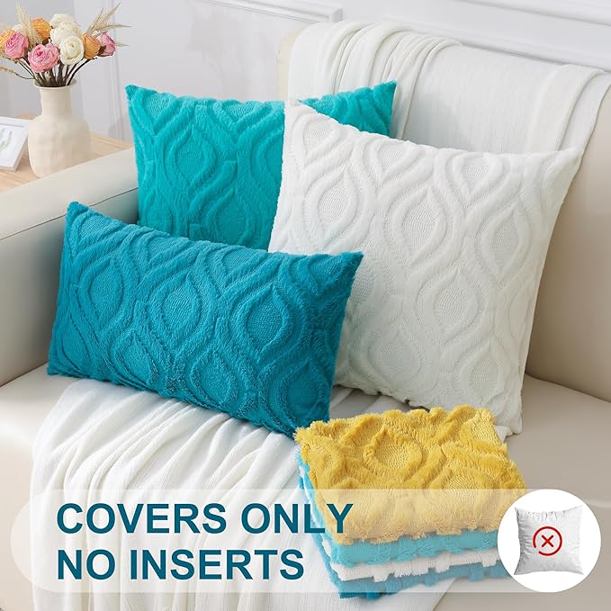 decorUhome Fall Throw Pillow Covers 16x16 Inch Set of 2, Soft Plush Decorative Faux Fur Teal Solid Couch Pillow Covers, Accent Farmhouse Neutral Square Euro Pillow Cases for Sofa Bed Living Room