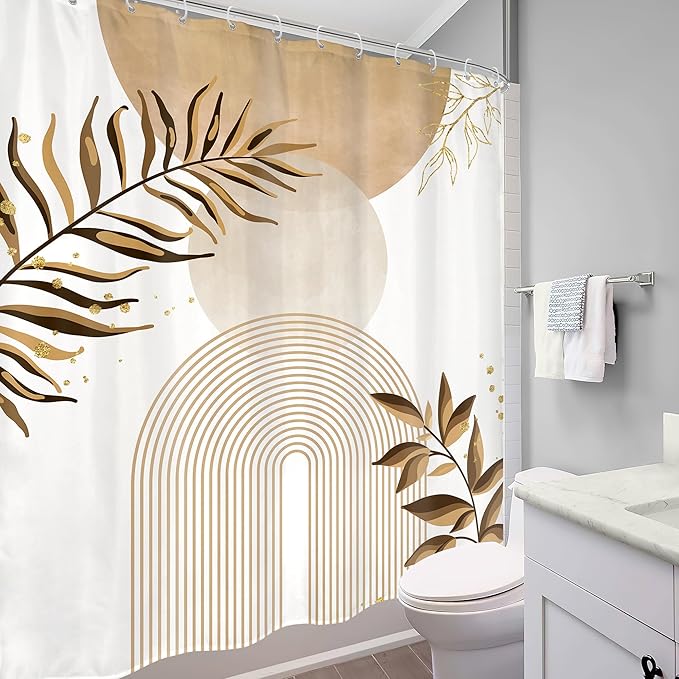 Beige Boho Shower Curtain 60Wx72H Bohemian Abstract Modern Mid Century Leaves Minimalist Contemporary Plant Cream Bathroom Decor Arch Simple Neutral Bath Curtain Fabric Polyester 12 Pack Hooks