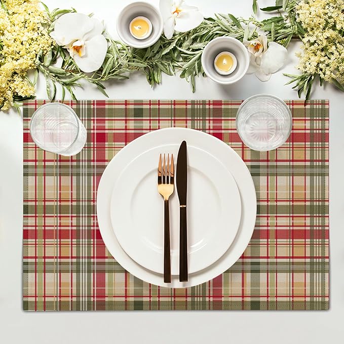 Giwawa 4PCs Fall Placemats 12x18 Inch Autumn Buffalo Plaids Place Mat Washable for Kitchen Dining Thanksgiving Checkered Non Slip Heat Resistant Table Mats for Tabletop Holiday Farmhouse Decor