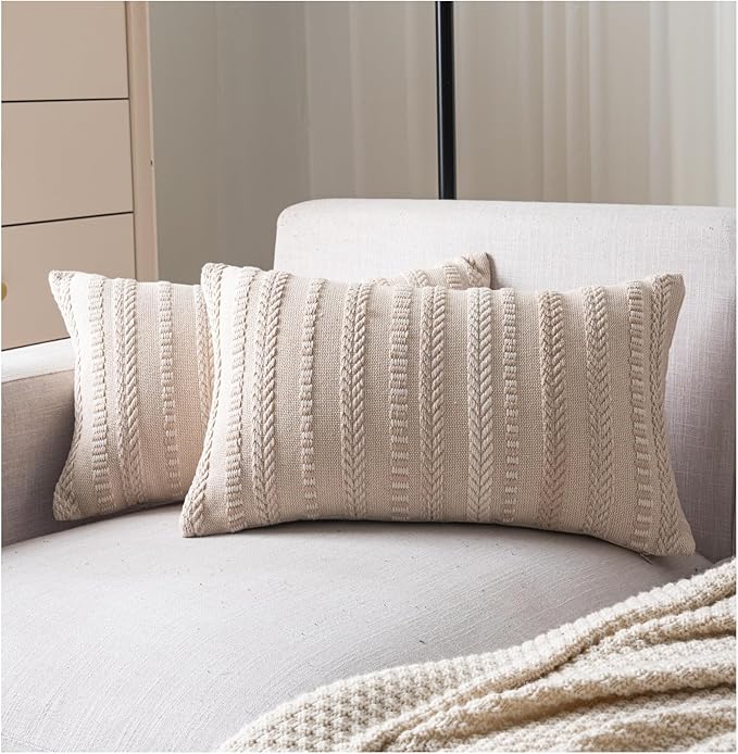 Boho Throw Pillow Covers 12x20 Inch Set of 2, Farmhouse Decorative Couch Pillow Cases, Beige Accent Pillows of Bed, Sofa Bedroom Living Room Home Decor Cushion Cover