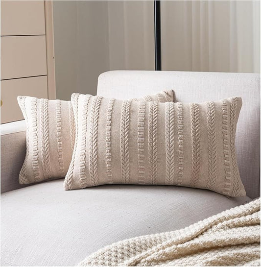 Boho Throw Pillow Covers 12x20 Inch Set of 2, Farmhouse Decorative Couch Pillow Cases, Beige Accent Pillows of Bed, Sofa Bedroom Living Room Home Decor Cushion Cover