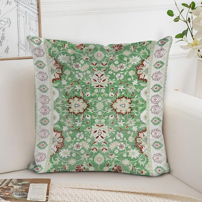 Boho Floral Throw Pillow Covers 18x18 inch Set of 2,Green Boho Rug Geometric Floral Pattern Decor Double Sided Pattern Cushion Cover Soft Pillow Case Living Sofa Room Bed Square Pillow Cover