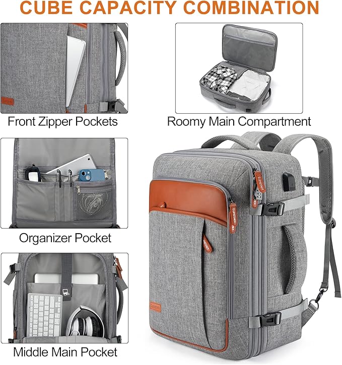 Carry on Travel Backpacks, Extra Large 40L Flight Approved Bag for Men & Women,Expandable Suitcase Backpack With 4 Packing Cubes,Water Resistant Luggage Daypack Business Weekender Bag,Grey
