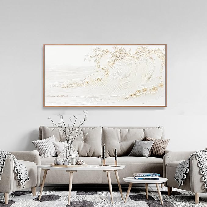 Framed Wall Art Wall Decor Nature Decor Canvas Hand Painted White Wave With Golden Embellishments Artwork Painting Picture For Living Room Bedroom Living Room And Office Wall Decor 24x48 Inch