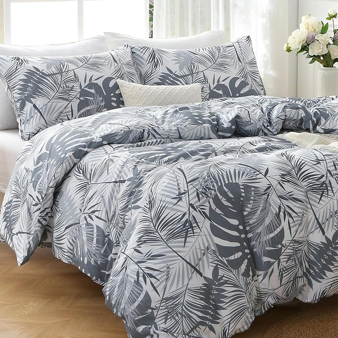 MUXHOMO Duvet Cover Full Size, Reversible Floral Black & Grey Duvet Cover Set with Zipper Closure, 3 Pieces Botanical Patterns Soft Microfiber Bedding Set with 4 Ties (80"x90", 2 Pillow Cases) US