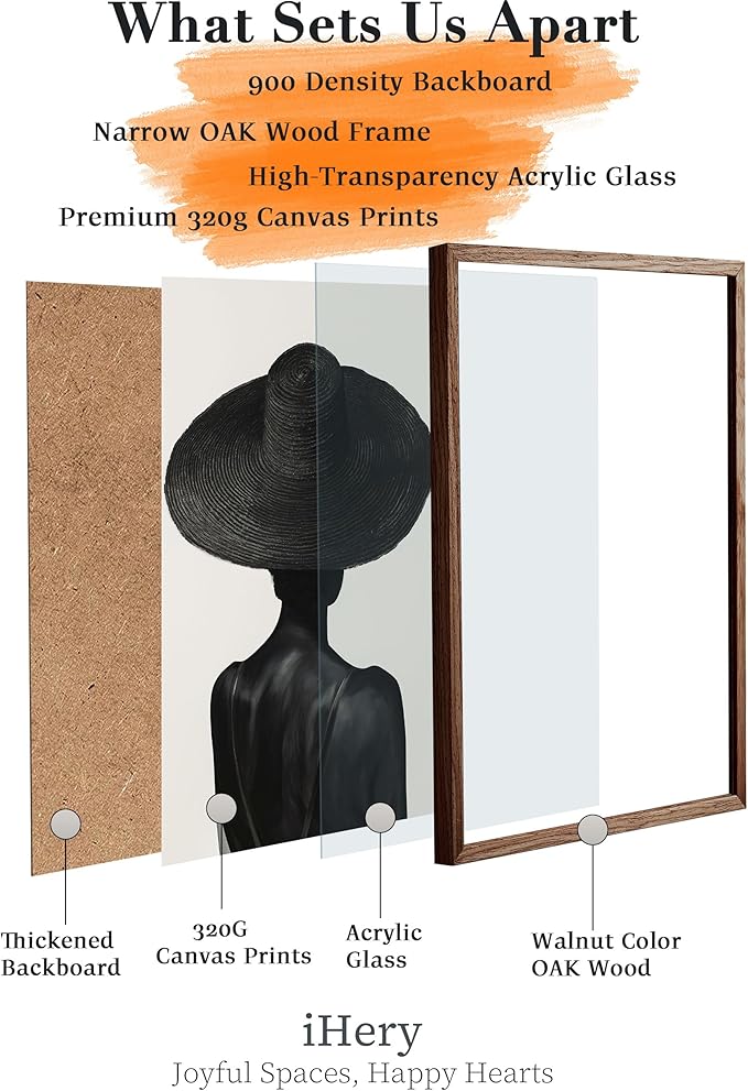 iHery Natural OAK Wood Black Girl Walnut Color Framed Wall Art, 12x16 in Black and White Modern Canvas Wall Art, Trendy African American Black Bedroom Decor, Set of 1 For Bathroom Living Room