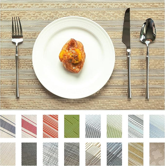 Placemats Set of 6 Vinyl/Plastic Woven Place Mats for Kitchen Table Indoor/Outdoor Washable Placemat Wipeable Dining Table Mats (Aurora Gold,6)