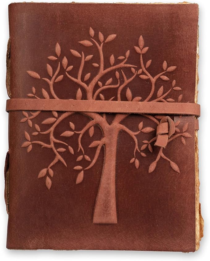LEATHER VILLAGE Tree of Life Journal - 8"X6" (A5) inches - Red Brown - 200 Antique Deckle Edge Handmade Paper – Book of Shadows - Vintage Leather Bound Journal for Women & Men
