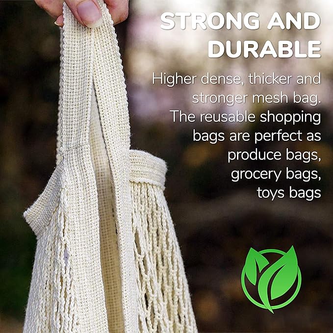 2 pack Cotton String Shopping Bags Reusable Washable Grocery Mesh Bags Organizer for Grocery Shopping Produce Net Bags with Longhandle for Fruit Vegetable Storage