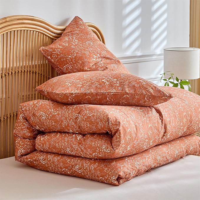 mixinni 3 Pieces Duvet Covers Full Size, 100% Cotton Comforter Cover Wildflower Printed on Pumpkin Floral Bedding Set with Zipper Closure 4 Ties (1 Duvet Cover 80"x90", 2 Pillow Cases 20"x26")