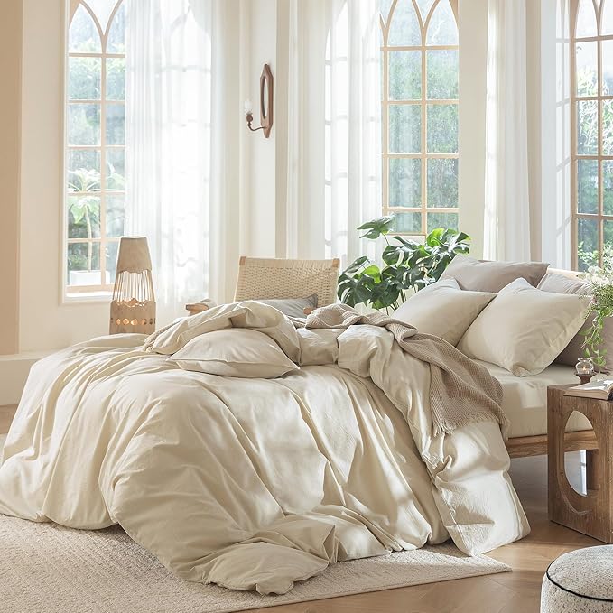 MooMee Bedding Duvet Cover Set 100% Washed Cotton Linen Like Textured Breathable Durable Soft Comfy (Heathered Almond Milk Grey, Full 80"x90")