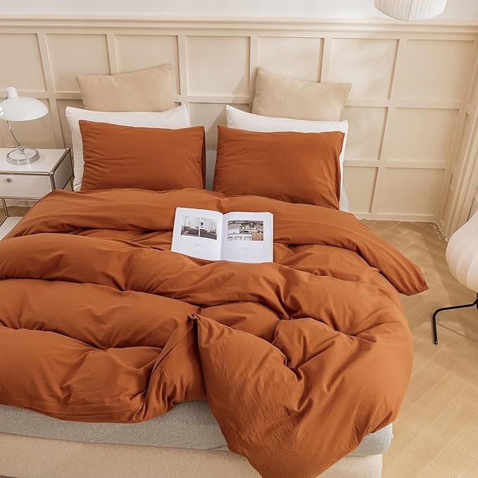 ECOCOTT Brown Duvet Cover Queen Size, 3 Piece 100% Washed Cotton 1 Duvet Cover with Zipper and 2 Pillowcases, Ultra Soft and Easy Care Breathable Cozy Bedding Set(Brown,Queen)