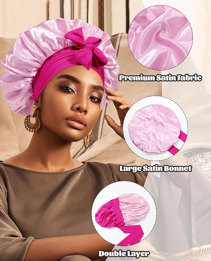 Satin Bonnet Silk Bonnet for Sleeping Silk Sleep Cap Double Layer Hair Bonnet with Elastic Tie Band for Curly Hair Night Cap (Rose red + Skin Powder)