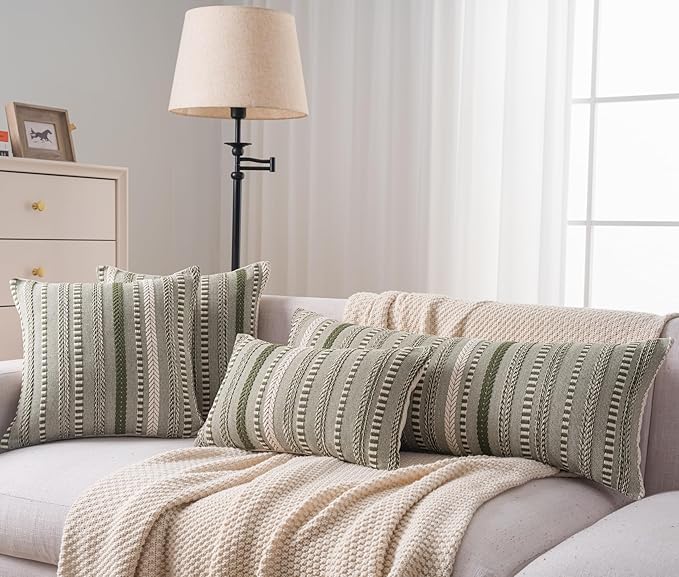Boho Lumbar Pillow Covers 14x36 Long, Farmhouse Decorative Couch Pillow Cases, Green Accent Pillows of Bed, Sofa Bedroom Living Room Home Decor Cushion Cover, Pack of 1