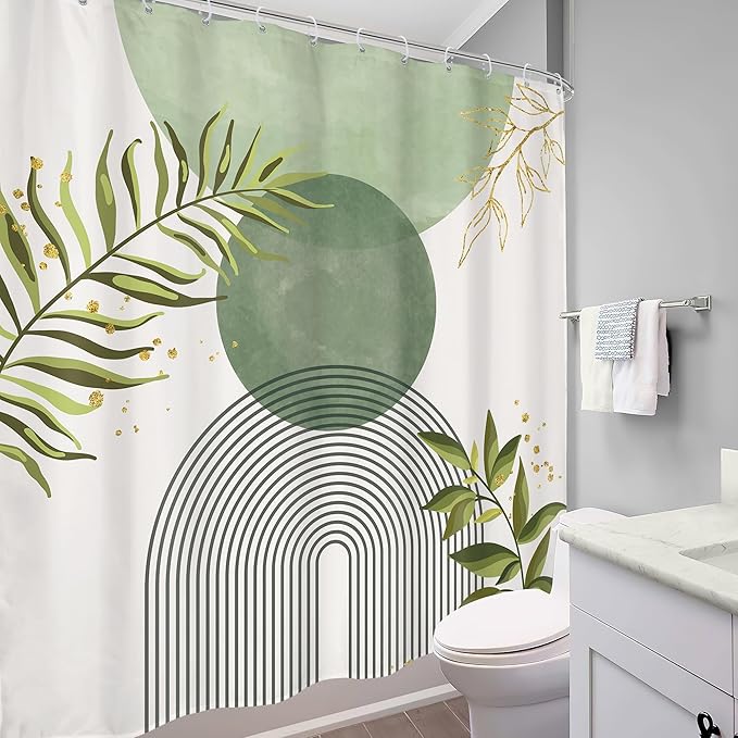 Sage Green Boho Shower Curtain 72Wx72H Modern Abstract Bohemian Leaves Minimalist Neutral Botanical Geometric Arch Bathroom Decor Mid Century Plant Bath Curtain Fabric Polyester 12 Pack Hooks